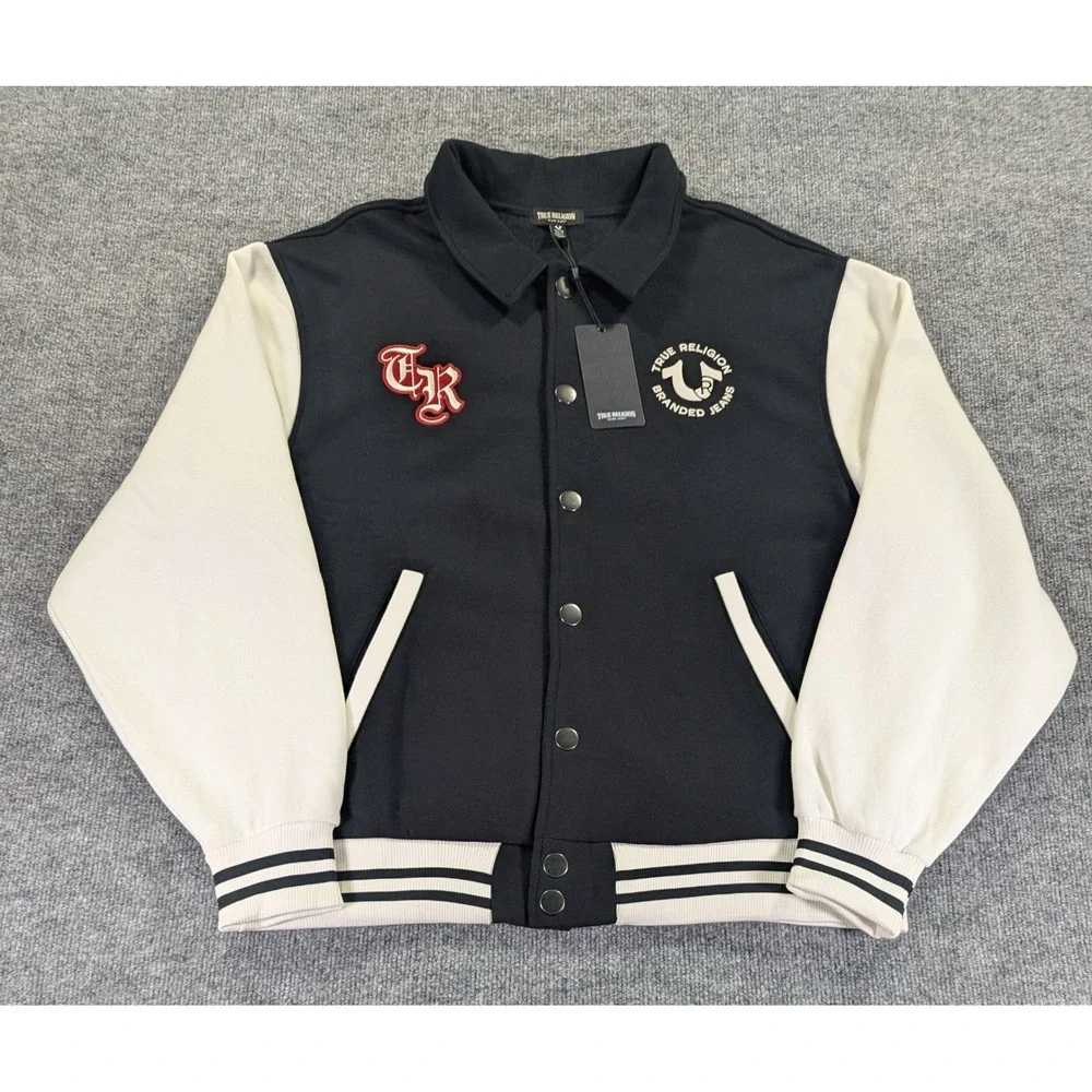 True Religion Collared Patch Fleece Varsity Jacket XL Black White 700581 New